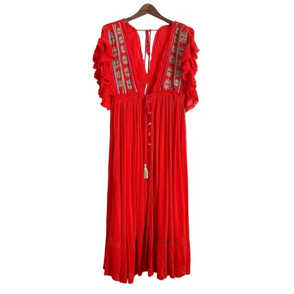 FREE PEOPLE Bali Will Wait For You Boho Embroidered Maxi Dress Red Medium M - Picture 5 of 16